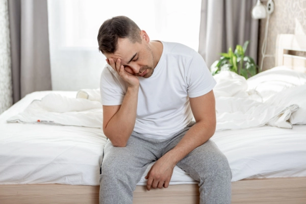 Man who is tired due to sleep issues sits up in bed with head in his hand